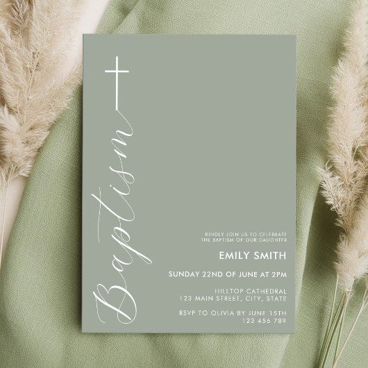 Modern minimalistisch schrift Sage Green Baptism Kaart