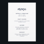 Modern Minimalistisch Schrift Wit en Marineblauw | Menu<br><div class="desc">Deze elegante,  minimalistische trouwmenu kaart heeft donkere,  marineblauwe moderne scripttypografie en schone,  schreefloze tekst op wit voor een eenvoudig en stijlvol ontwerp waar je van zult houden.</div>