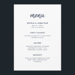Modern Minimalistisch Schrift Wit en Marineblauw | Menu<br><div class="desc">Deze elegante,  minimalistische trouwmenu kaart heeft donkere,  marineblauwe moderne scripttypografie en schone,  schreefloze tekst op wit voor een eenvoudig en stijlvol ontwerp waar je van zult houden.</div>