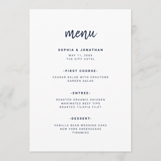 Modern Minimalistisch Schrift Wit en Marineblauw | Menu (Voorkant)