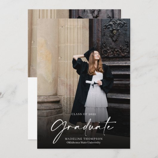 Modern minimalistisch script 2 Foto Afstuderen Aankondiging (Voorkant / Achterkant)