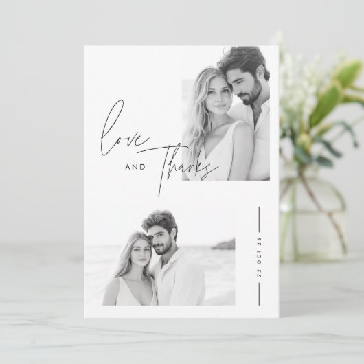 Modern minimalistisch script 2 foto bruiloft bedankkaart (Staand voorkant)