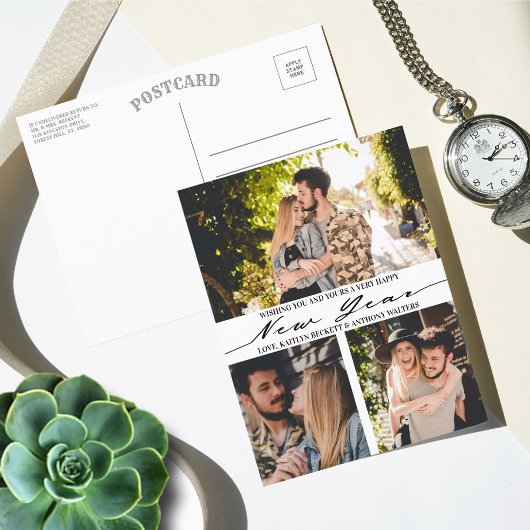 Modern minimalistisch script 3 Photo Collage nieuw Feestdagenkaart