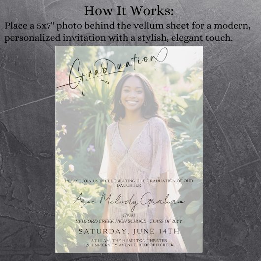 Modern minimalistisch script afstuderen uitnodigin vellum uitnodigingen