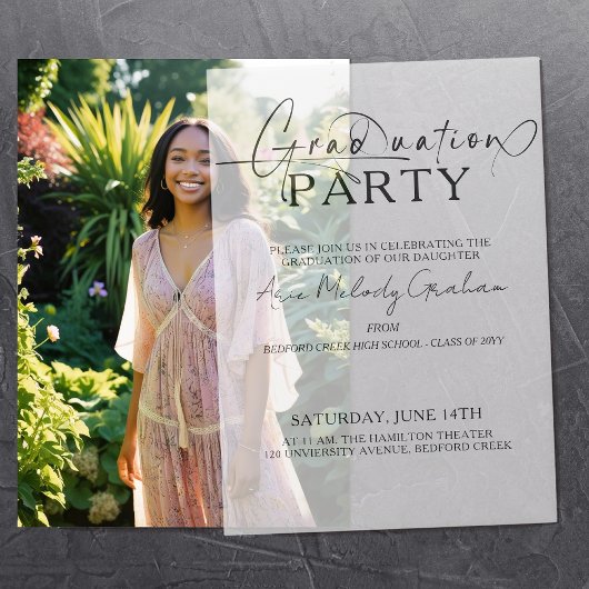 Modern minimalistisch script afstuderen uitnodigin vellum uitnodigingen