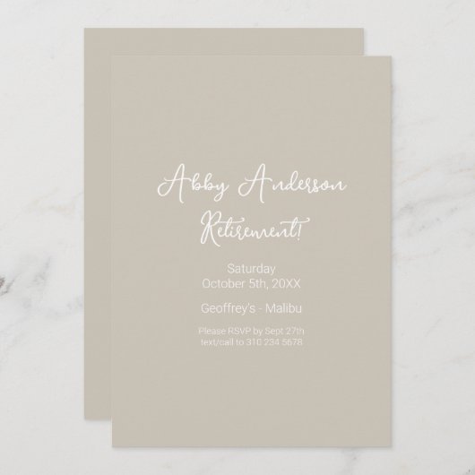 Modern minimalistisch script | Beige pensionering Kaart (Voorkant / Achterkant)