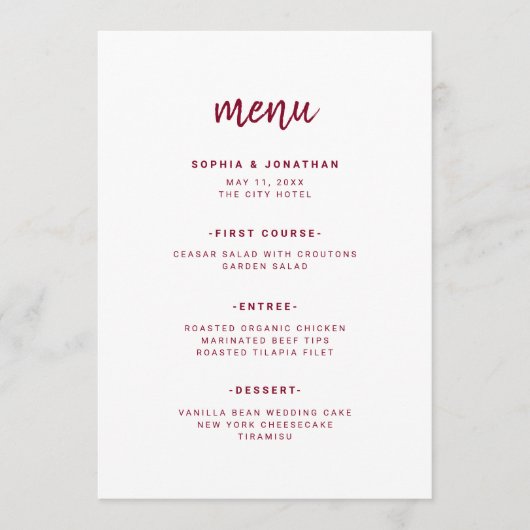 Modern minimalistisch script | Bourgogne bruiloft Menu (Voorkant)