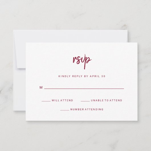 Modern minimalistisch script Bourgogne op White RSVP Kaartje (Voorkant)