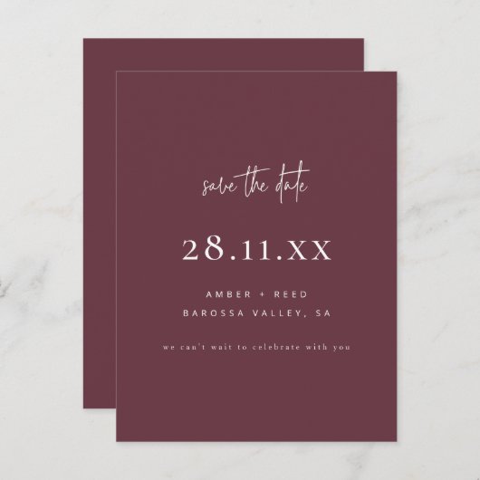 Modern minimalistisch script Bourgondië Save the D Aankondigingskaart (Voorkant / Achterkant)