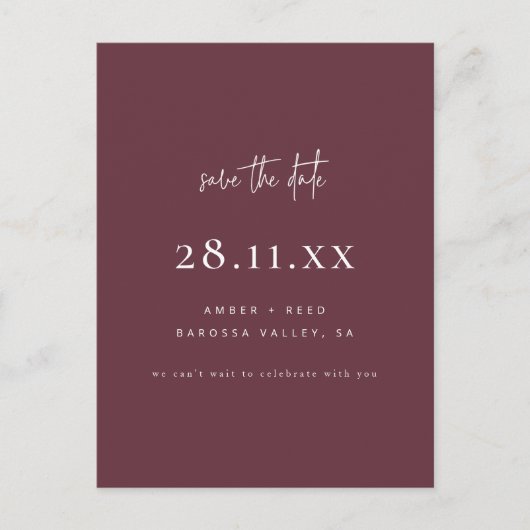 Modern minimalistisch script Bourgondië Save the D Aankondigingskaart (Voorkant)