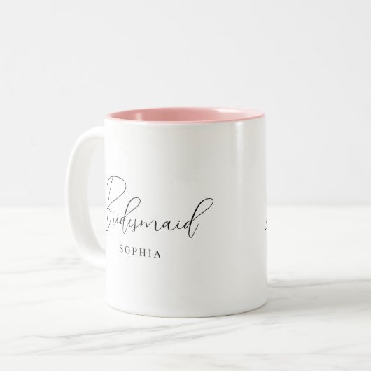 Modern minimalistisch script bruidsmeisje cadeau tweekleurige koffiemok (Voorkant links)