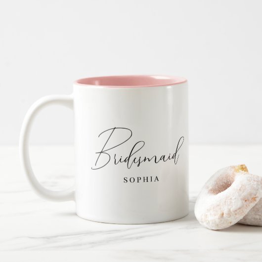 Modern minimalistisch script bruidsmeisje cadeau tweekleurige koffiemok (Met donut)