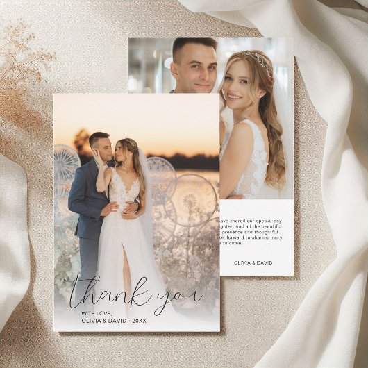 Modern minimalistisch script bruiloft 2 foto's bedankkaart