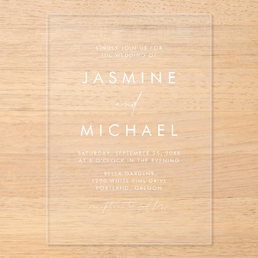 Modern minimalistisch script bruiloft acryl uitnodigingen (Voorkant)