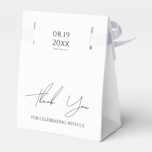 Modern minimalistisch script bruiloft bedankdoosjes (Achterkant)