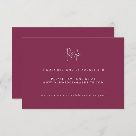 Modern minimalistisch script bruiloft Burgundy RSVP Kaartje (Voorkant / Achterkant)