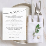 Modern minimalistisch script bruiloft menu<br><div class="desc">Het eenvoudige en moderne huwelijksmenu is voorzien van een modern script "menu" in een engel met klassiek serif lettertype. Uw gast zal genieten van de schone minimalistische zwart-wit look.</div>