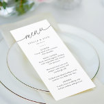 Modern minimalistisch script bruiloft menu<br><div class="desc">Het eenvoudige en moderne huwelijksmenu is voorzien van een modern script "menu" in een engel met klassiek serif lettertype. Uw gast zal genieten van de schone minimalistische zwart-wit look.</div>
