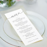 Modern minimalistisch script bruiloft menu<br><div class="desc">Het eenvoudige en moderne huwelijksmenu is voorzien van een modern script "menu" in een engel met klassiek serif lettertype. Uw gast zal genieten van de schone minimalistische zwart-wit look.</div>
