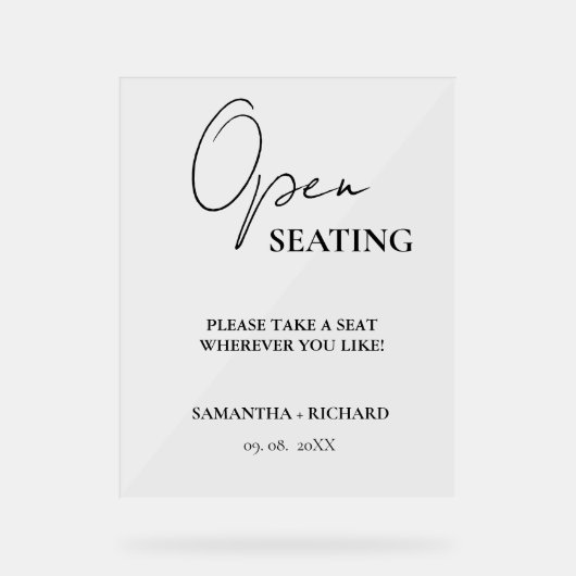 Modern minimalistisch script bruiloft open zitbord acryl bord (Voorkant)