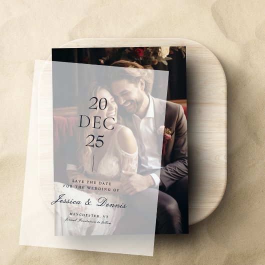 Modern Minimalistisch Script Bruiloft Save the Dat Vellum Uitnodigingen