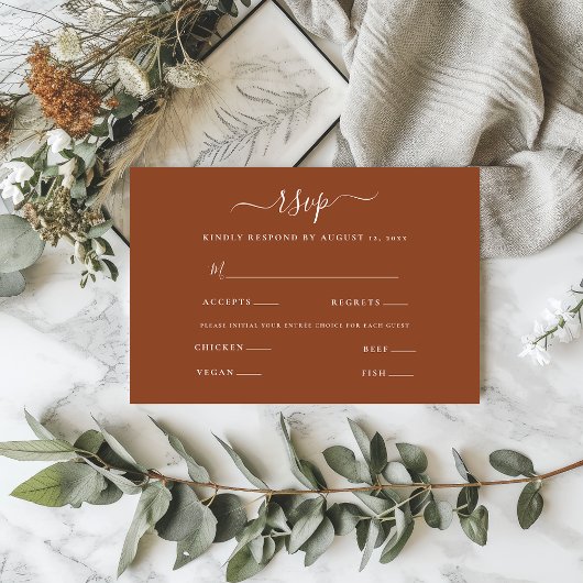 Modern minimalistisch script bruiloft terracotta RSVP kaartje