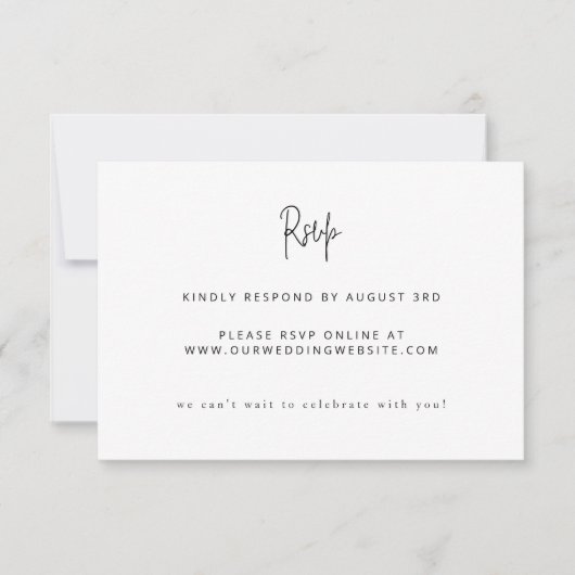 Modern minimalistisch script bruiloft zwart-wit RSVP kaartje (Voorkant)