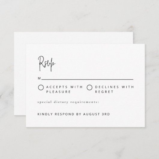 Modern minimalistisch script bruiloft zwart-wit RSVP kaartje (Voorkant / Achterkant)