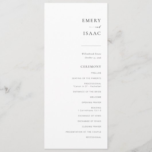 Modern minimalistisch script chic Wedding Program Menu (Voorkant)