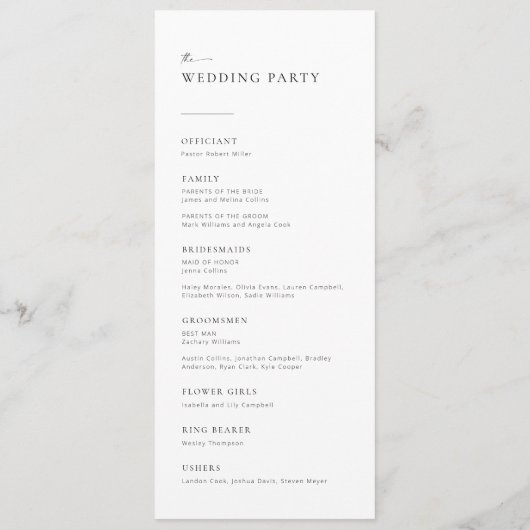 Modern minimalistisch script chic Wedding Program Menu (Achterkant)