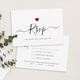 Modern minimalistisch script chique rode bruiloft  RSVP kaartje