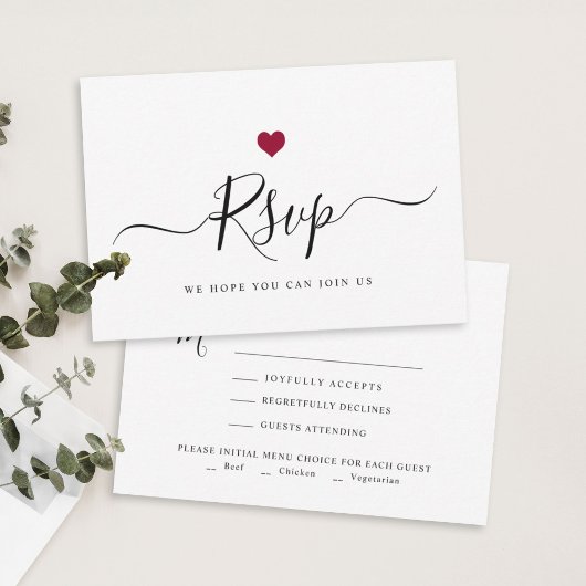 Modern minimalistisch script chique rode bruiloft  RSVP kaartje