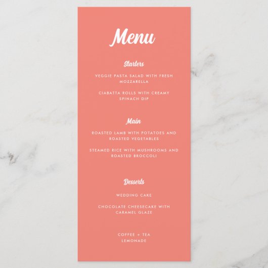Modern minimalistisch script Coral Pink Wedding Menu (Voorkant)