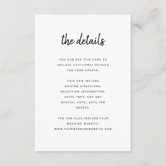 Modern minimalistisch script | Details van de brui Informatiekaartje (Voorkant)