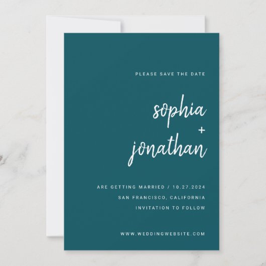 Modern minimalistisch script diep Blauwgroen | Fot Save The Date (Voorkant)