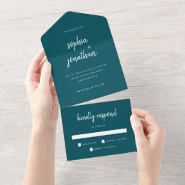 Modern minimalistisch script diep Blauwgroen | Wed All In One Uitnodiging