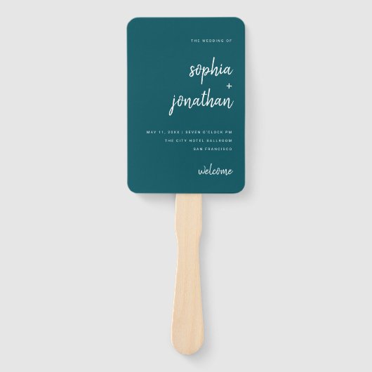 Modern minimalistisch script diep Blauwgroen | Wed Handwaaier (Voorkant)