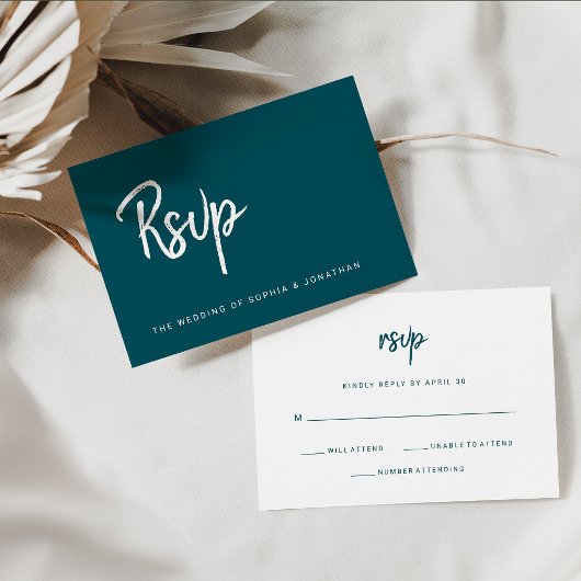 Modern minimalistisch script diep Blauwgroen | Wed RSVP Kaartje