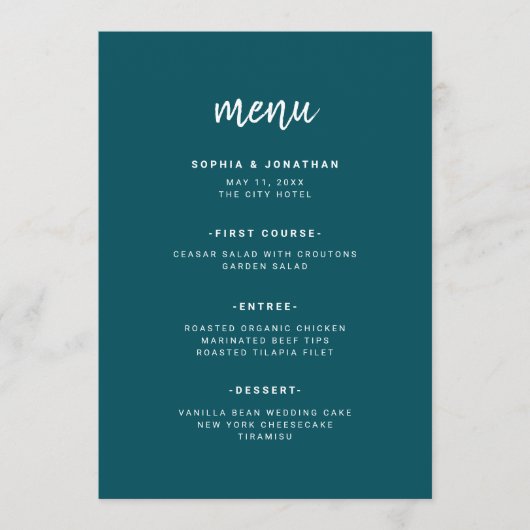 Modern minimalistisch script | Diepe Blauwgroen br Menu (Voorkant)