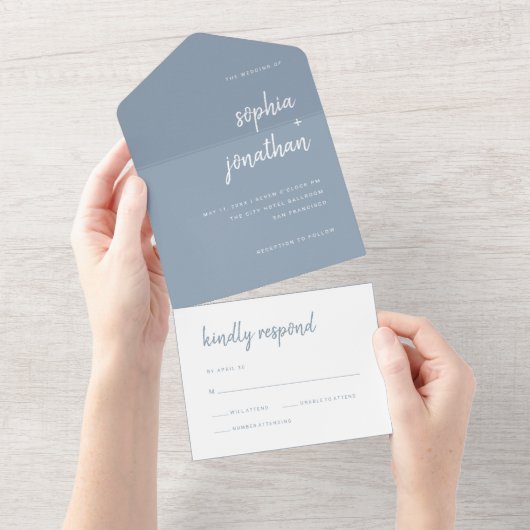 Modern minimalistisch script | Dusty Blue Wedding All In One Uitnodiging (Afscheurbaar)