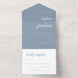 Modern minimalistisch script | Dusty Blue Wedding All In One Uitnodiging