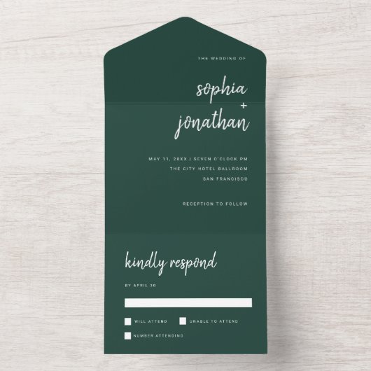 Modern minimalistisch script Emerald Green | Wedde All In One Uitnodiging (Binnen)