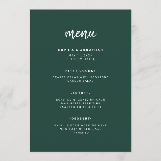 Modern minimalistisch script Emerald Green | Wedde Menu (Voorkant)