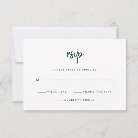 Modern minimalistisch script Emerald Green | Wedde RSVP Kaartje (Achterkant)