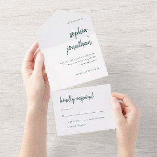 Modern minimalistisch script   Emerald Green Weddi All In One Uitnodiging