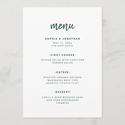 Modern minimalistisch script | Emerald Green Weddi Menu (Voorkant)