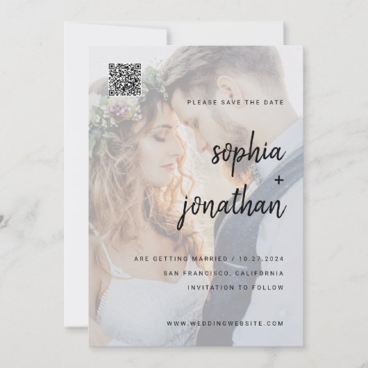 Modern minimalistisch script | Foto- en QR-code Save The Date (Voorkant)