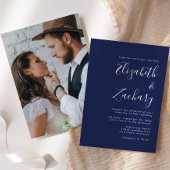 Modern minimalistisch script foto Navy Blue Weddin Kaart