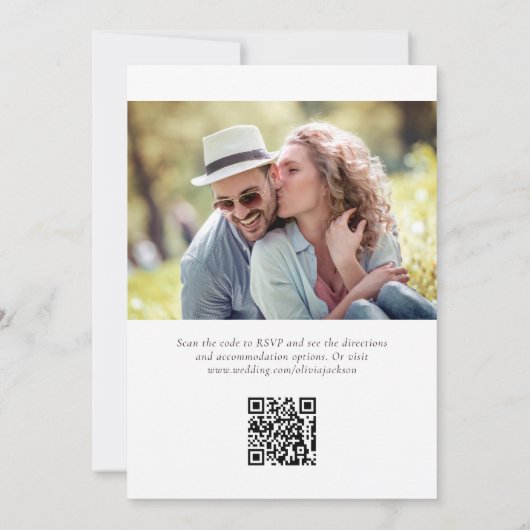 Modern minimalistisch script foto QR code bruiloft Kaart (Achterkant)