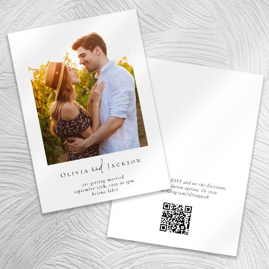 Modern minimalistisch script foto QR code bruiloft Kaart